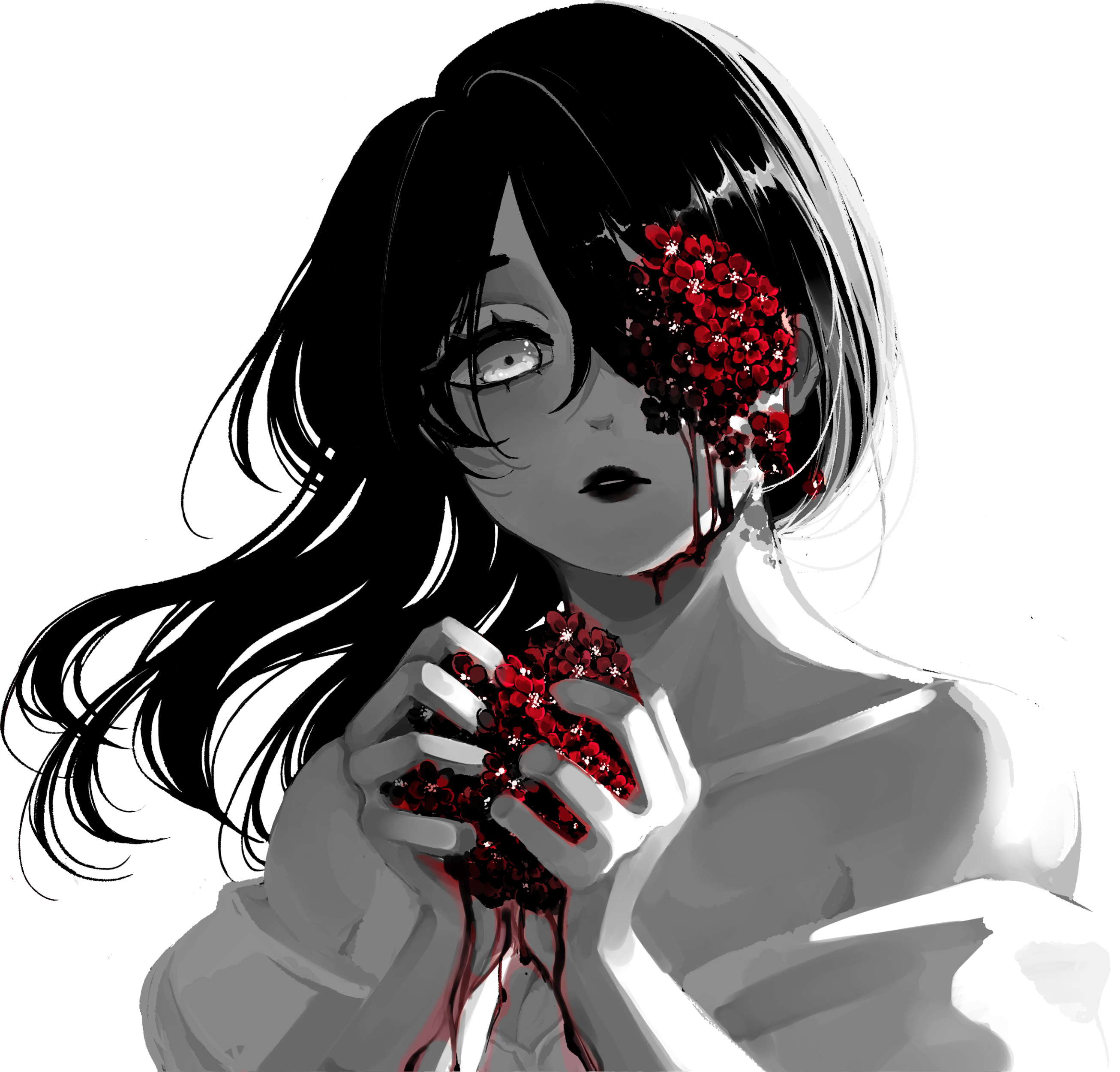 Celia, a black-haired young woman, looks at the camera with crimson flowers covering one of her eyes and filling her clasping hands. They appear to bleed down her skin.