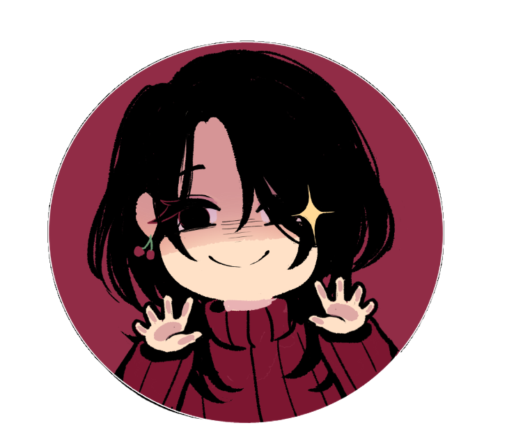 Elixiink. Dark eyes, black hair, red turtleneck, and cherry earrings. Her little hands are up, like she's looking to snatch something. Very chibi, much wow.